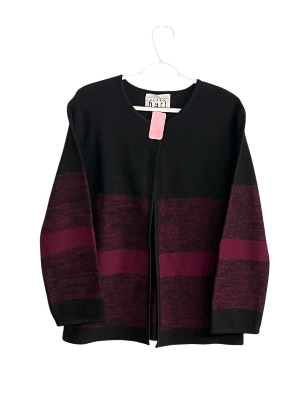 Keren Hart Women Small Cardigan Sweater Wool Blend Black & Burgundy Open Front - Picture 8 of 11